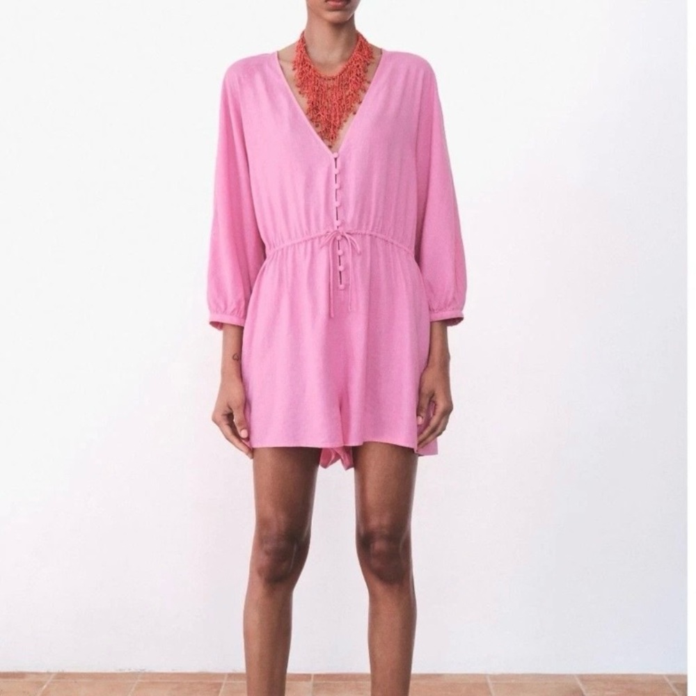 Zara Linen Blend Slouchy Pink Romper